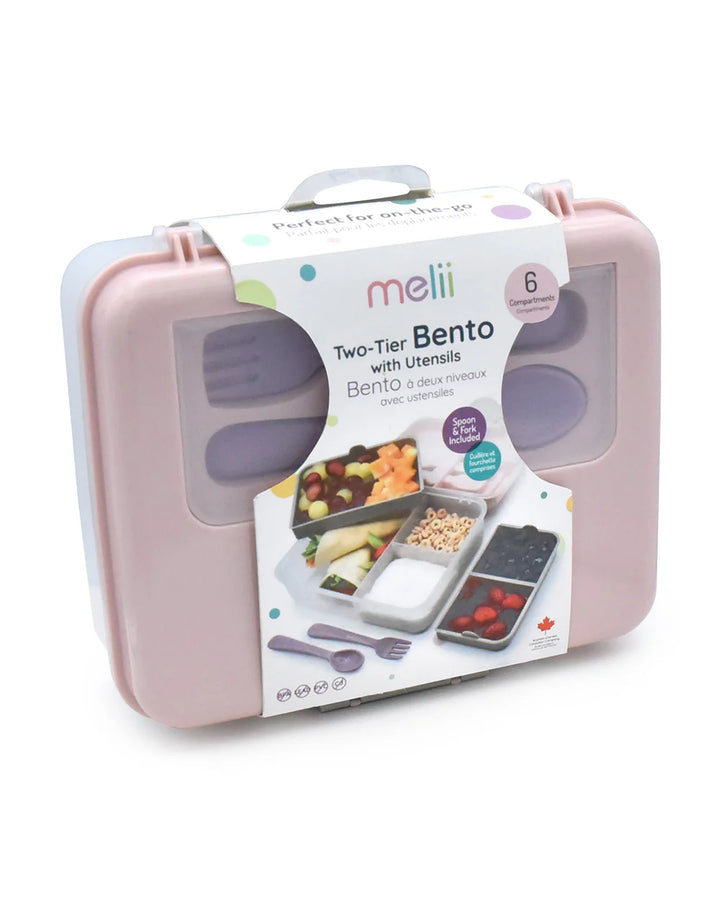 Melii 2 Tier Bento Lunch Box with 6 Compartments & Removable Top Tier | Includes Spoon & Fork