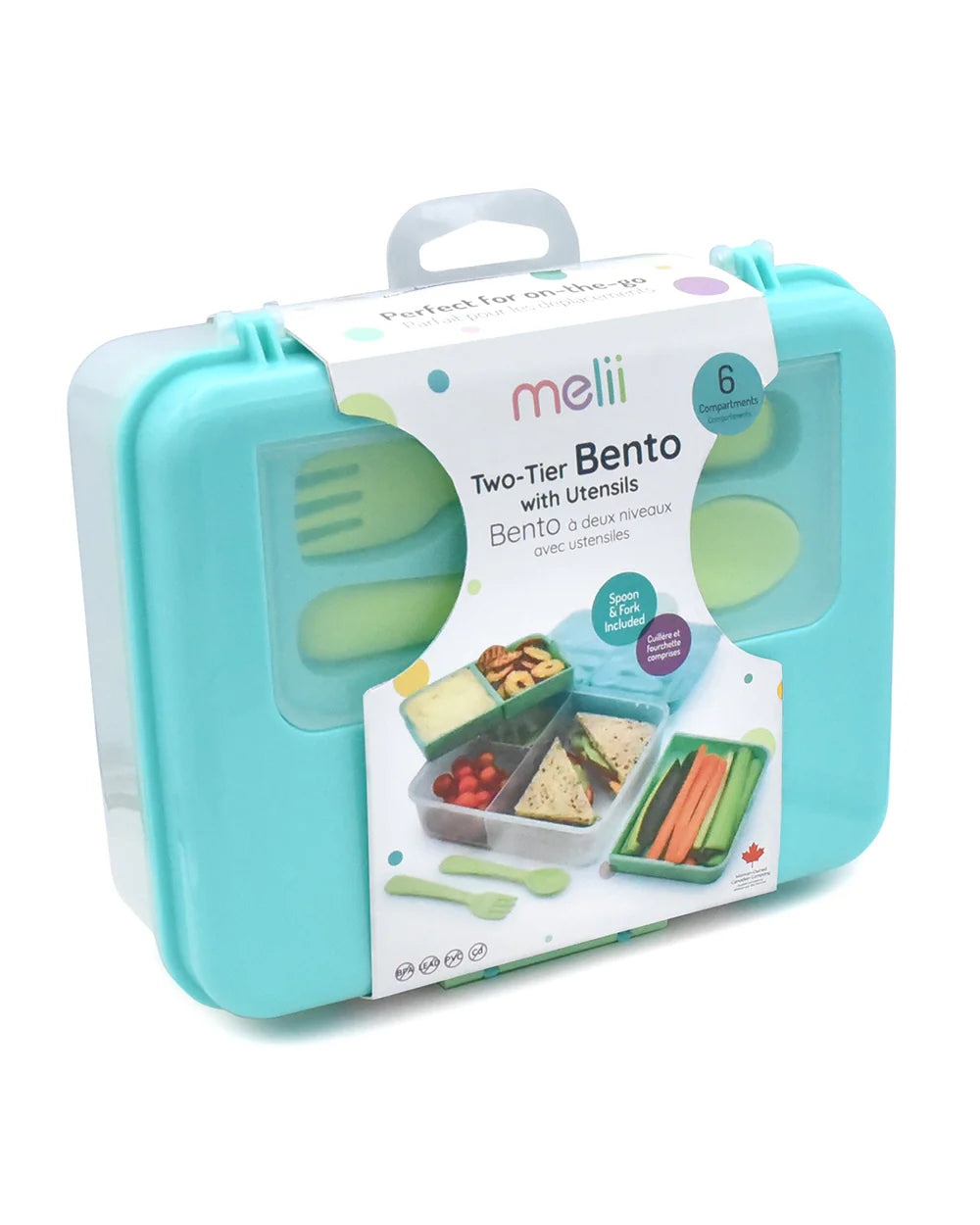Melii 2 Tier Bento Lunch Box with 6 Compartments & Removable Top Tier | Includes Spoon & Fork
