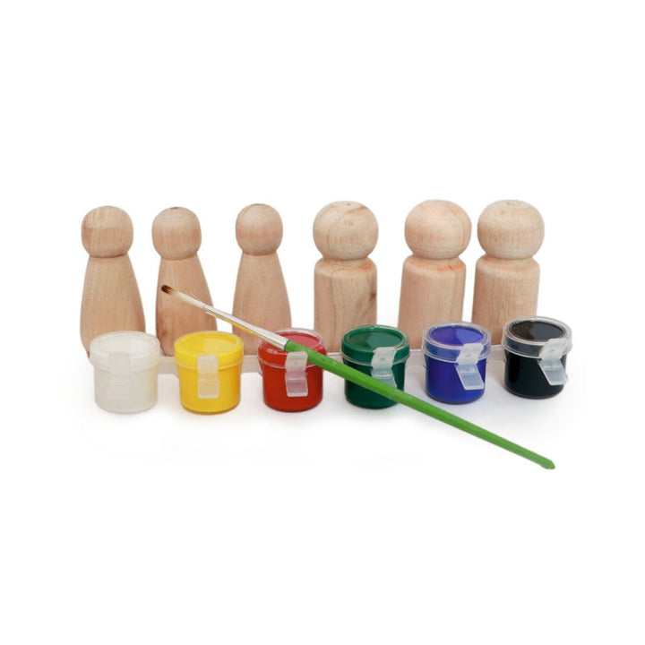 DIY Craft Kit Unfinished Wooden Peg Dolls Small Set of 6 - Free Palette Paint & Brush