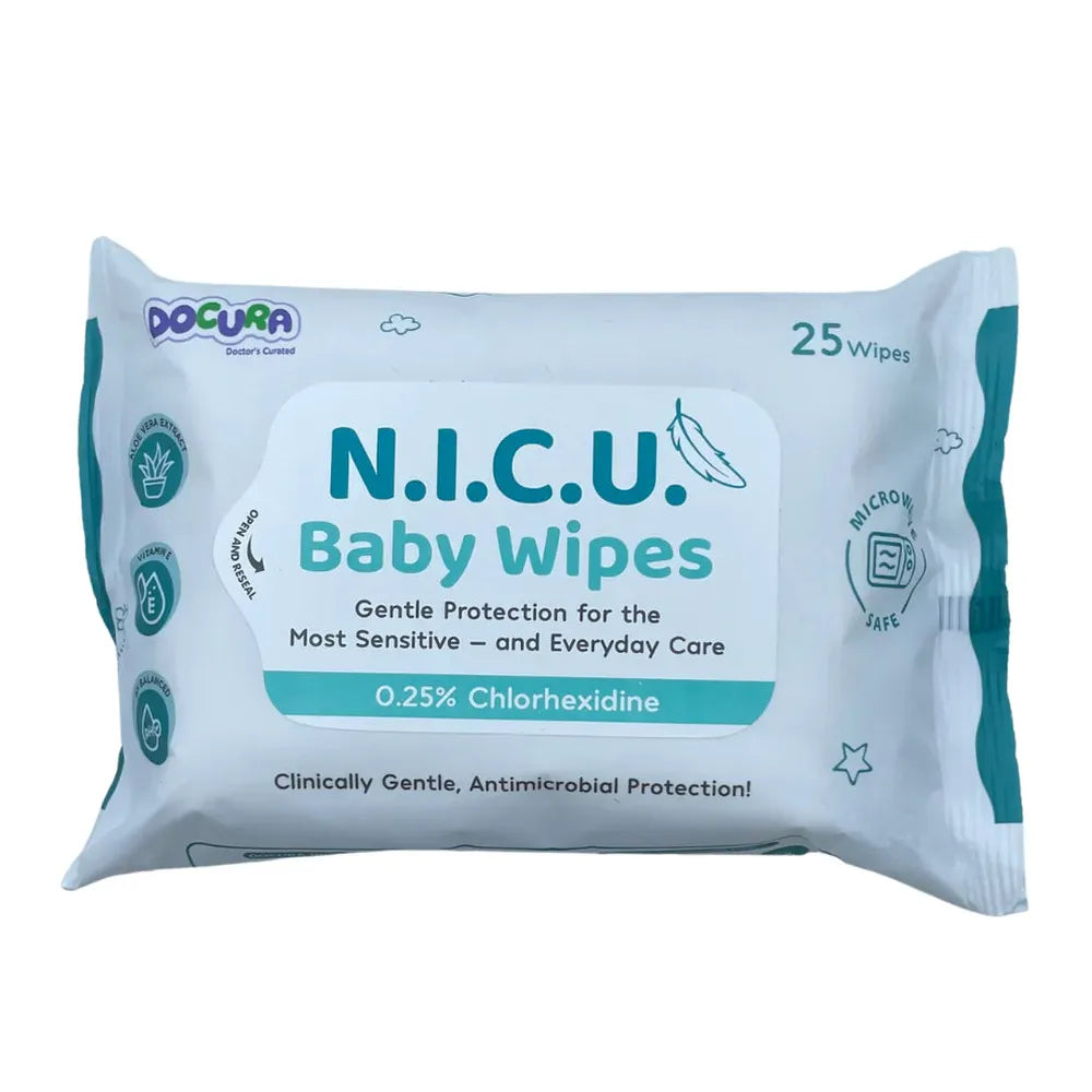 Docura N.I.C.U. Baby Wipes - 25 Wipes | Gentle Protection for the Most Sensitive Skin with 0.25% Chlorhexidine