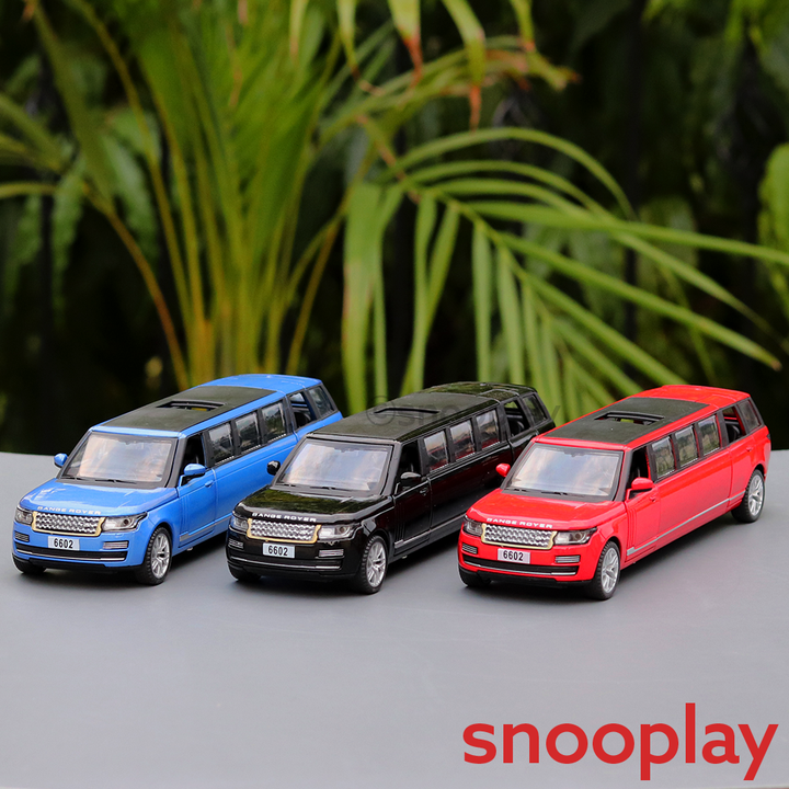 Diecast Metal Car resembling Range Rover Limousine with Openable parts, Lights and Sounds (Scale 1:32) - Assorted Colours