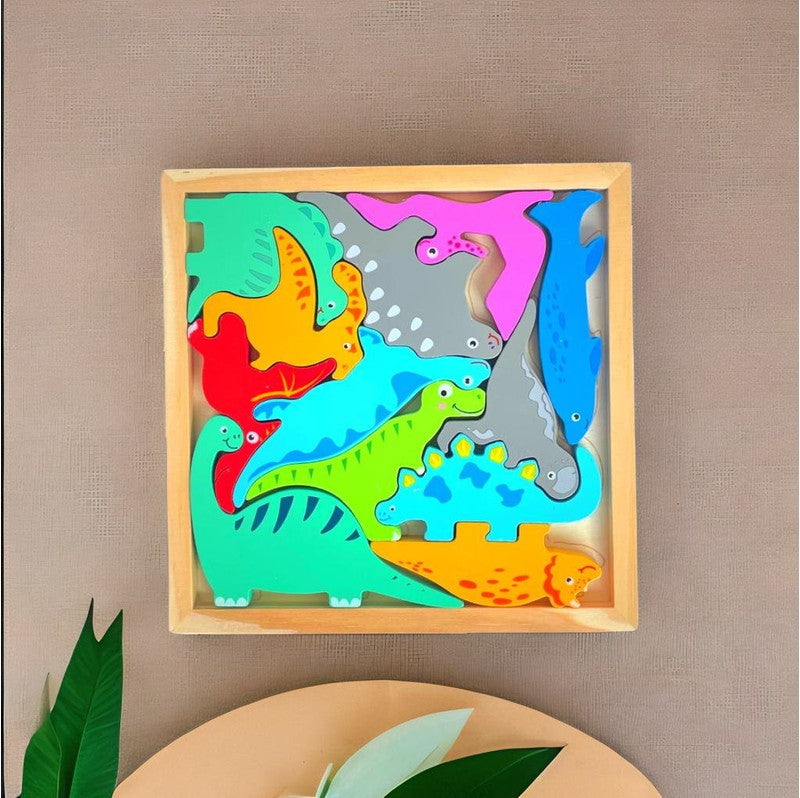 Dinosaur Puzzle - Wooden Square Tray With Different Dinosaur Blocks