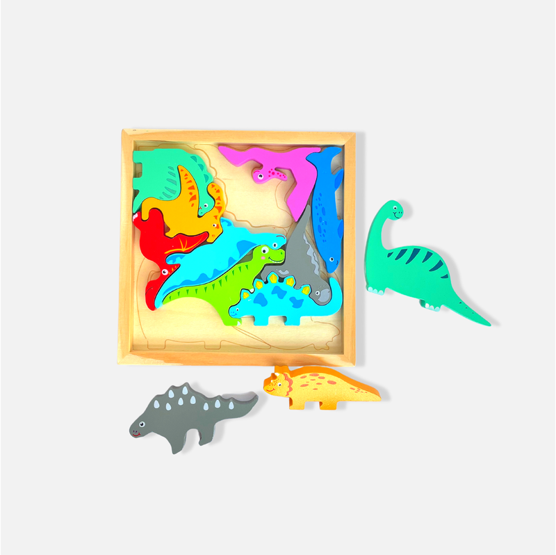 Dinosaur Puzzle - Wooden Square Tray With Different Dinosaur Blocks