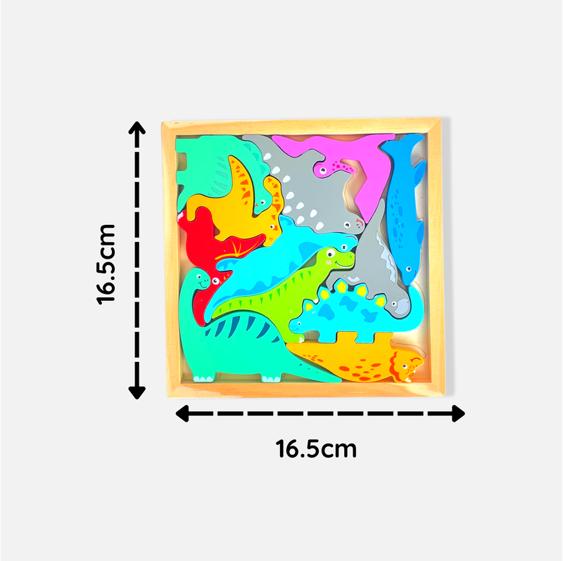 Dinosaur Puzzle - Wooden Square Tray With Different Dinosaur Blocks