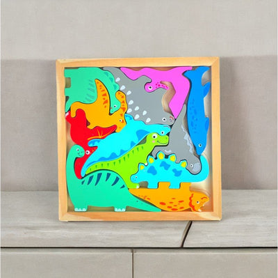 Dinosaur Puzzle - Wooden Square Tray With Different Dinosaur Blocks