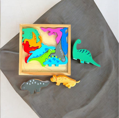 Dinosaur Puzzle - Wooden Square Tray With Different Dinosaur Blocks