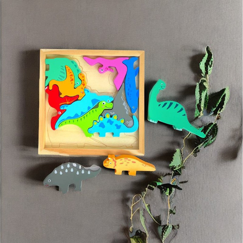 Dinosaur Puzzle - Wooden Square Tray With Different Dinosaur Blocks