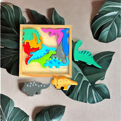 Dinosaur Puzzle - Wooden Square Tray With Different Dinosaur Blocks