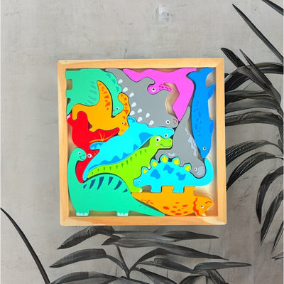 Dinosaur Puzzle - Wooden Square Tray With Different Dinosaur Blocks