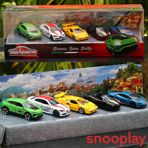 Original Licensed Majorette Set of 5 Dream Cars Italy - Lamborghini Urus, Alfa Romeo Giulia, Lamborghini Countach LP400, Alfa Romeo 4C Spider, Lamborghini Huracan Avio