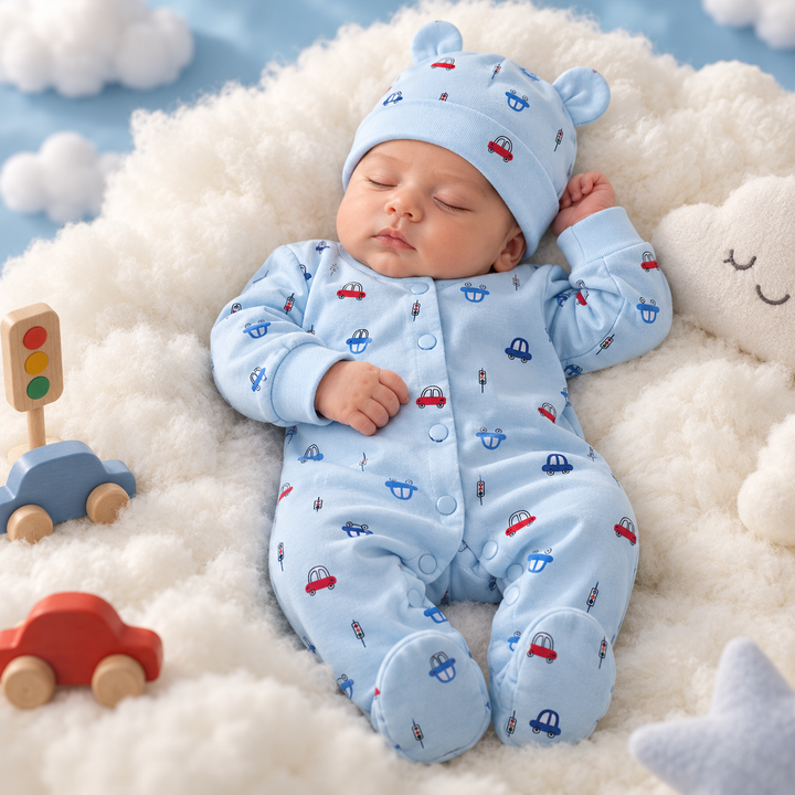 Baby Naturelle Car Design Cotton Knit Newborn Romper with Cap - Blue