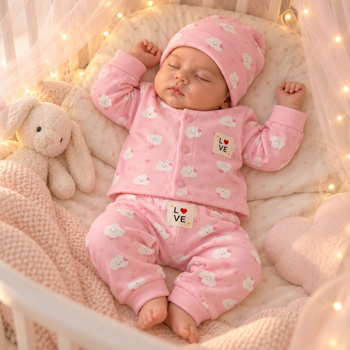 Baby Naturelle Cotton Knit Front Open Full Sleeves Co-ord T-Shirt & Pajama Suit with Cap - Pink