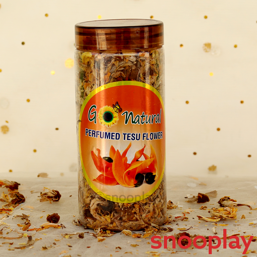 Premium Natural Holi Combo: 5 Go Natural Gulaal, 1 Pipe Pichkari, 2 Boxes of Tesu Flowers & 1 Chandan - 25g | Assorted Colors & Prints