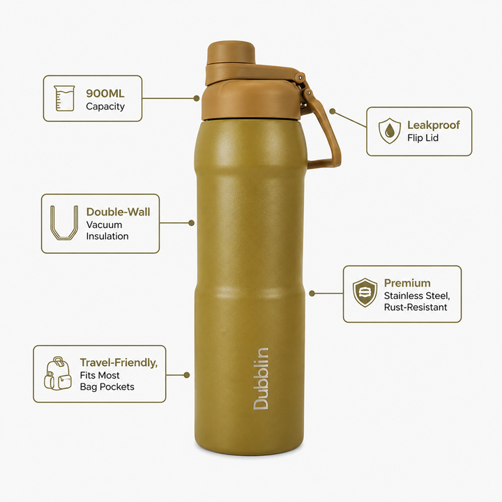 Dubblin Crest Insulated Water Bottle with Flip Lid - 900ml | Stainless Steel Vacuum Flask - Green