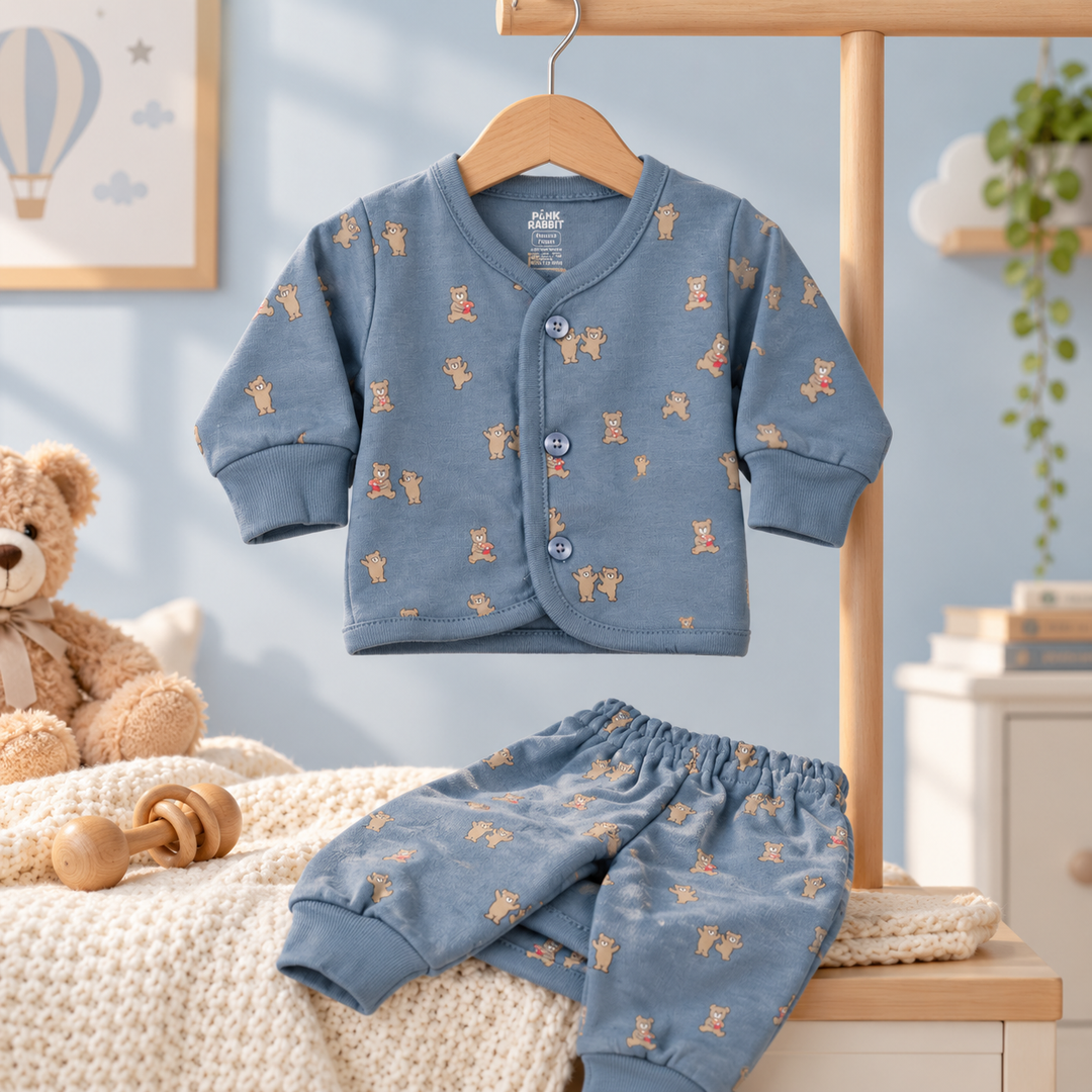 Pink Rabbit Preemie Cotton-Rich Knitted Full Sleeves Open-Front Vest & Pant Suit – 37 cm (M. Blue)