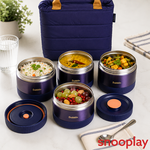 Dubblin 4 Container Insulated Thermosteel Lunch Box with Insulated Bag - 1.2L |  Purple | Eat Some More