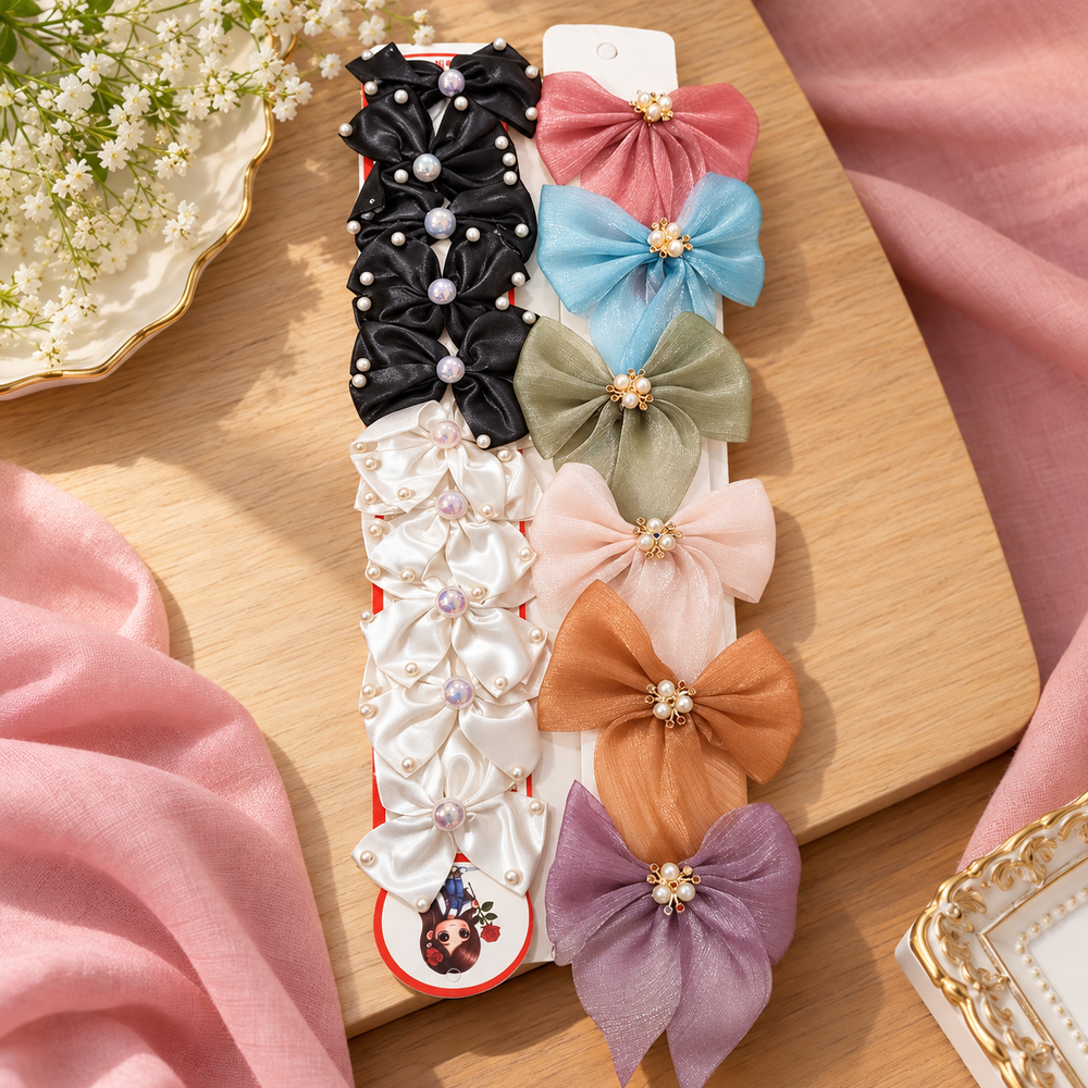 Set of 12 Big Bow Design Hair Clip Sets – Assorted Colour Pearl Decorated Hair Accessories for Girls | Kanjak Special
