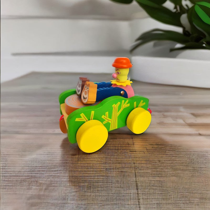 Expressive Face Drum Car Push and Pull Wooden Toy