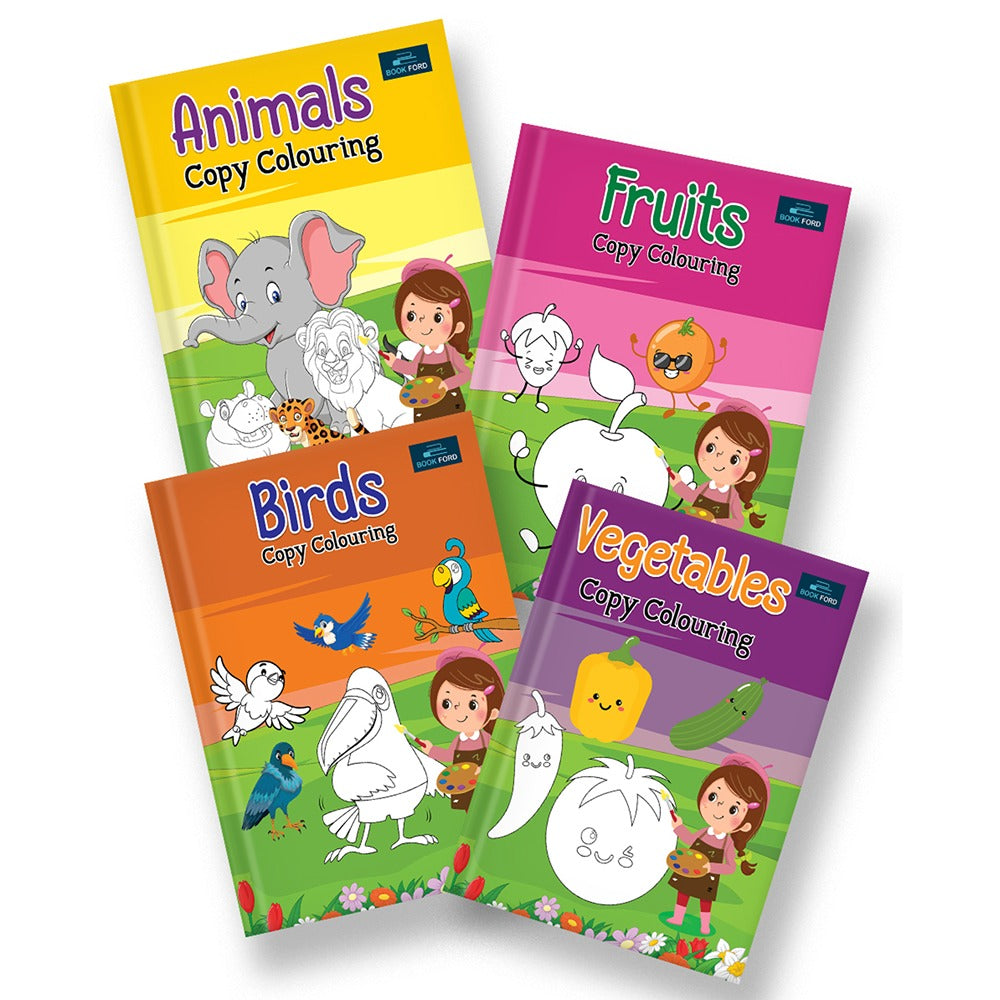 Copy Coloring Book For Kids With 64 Pages ( Set of 4 ) | Animals , Fruits , Birds and  Vegetables