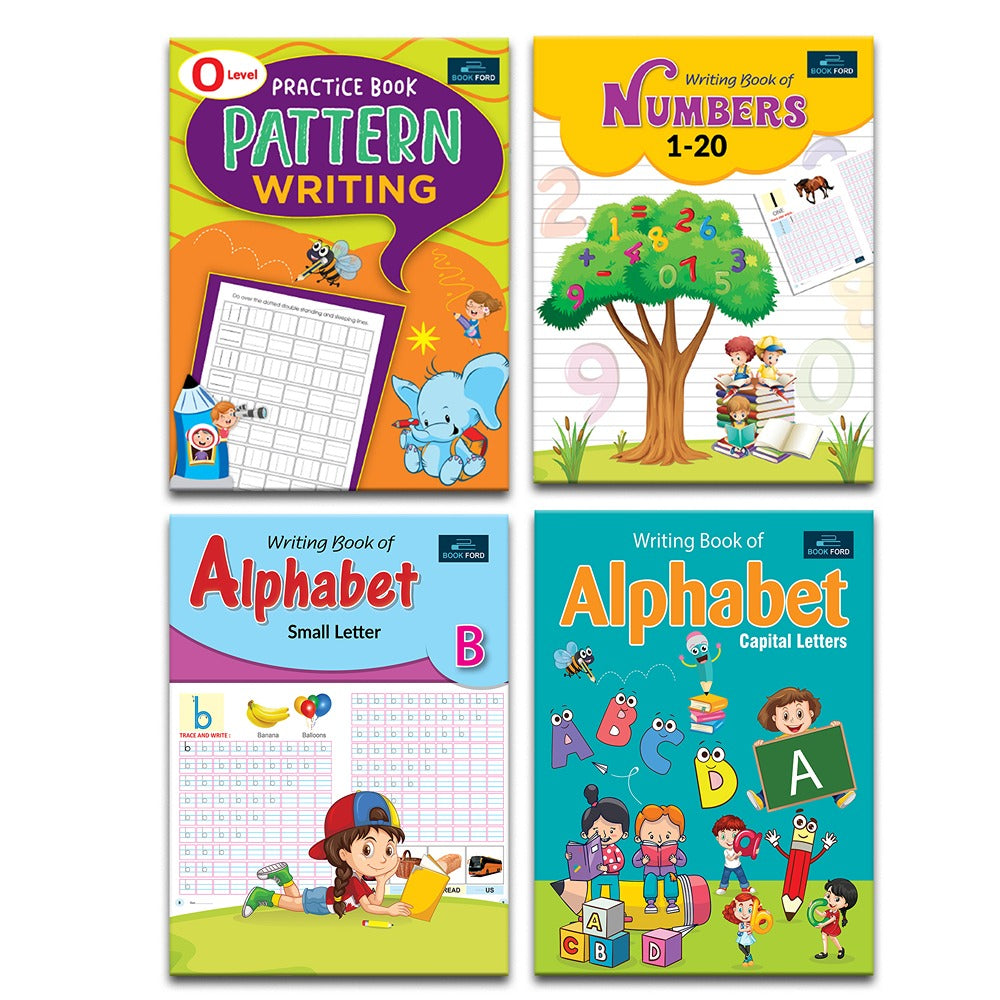 Writing Practice Book For Kids - Set Of 4 Books - Alphabet Capital Letters , Alphabet Small Letters , Numbers 1-20 , And "O' Level Practice Book Patterns Writing