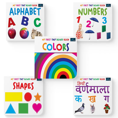 My First Tiny Board Books - Set of 5 Books - Alphabet, Numbers, Hindi Varnamala, Colors, and Shapes For Kids