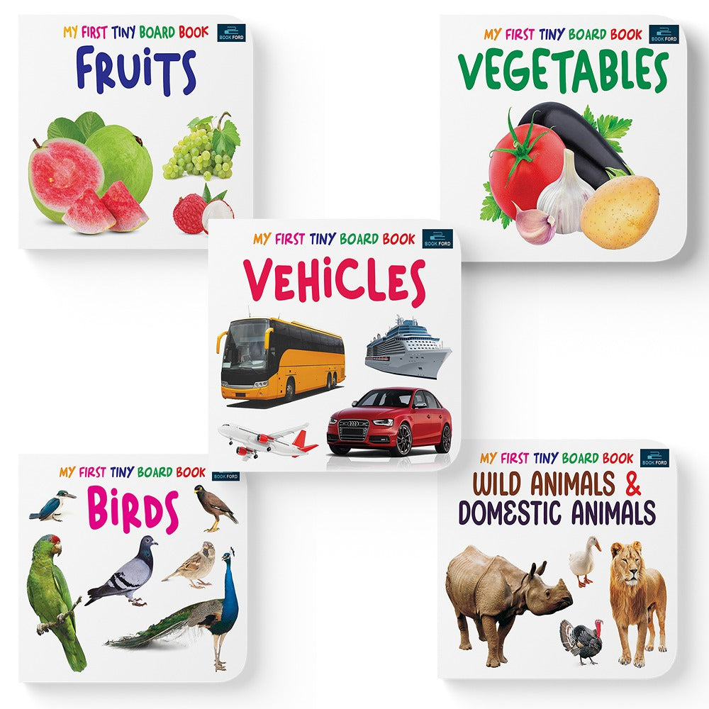 My First Tiny Board Books - Set of 5 Books - Fruits , Vegetables , Birds , Wild Animals & Domestic Animals , Vehicles For Kids