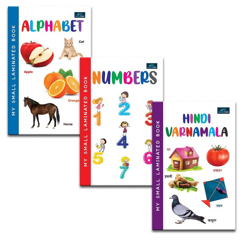 My Small Laminated Books - Set of 3 Books - Alphabet , Numbers , and Hindi Varnamala For Kids