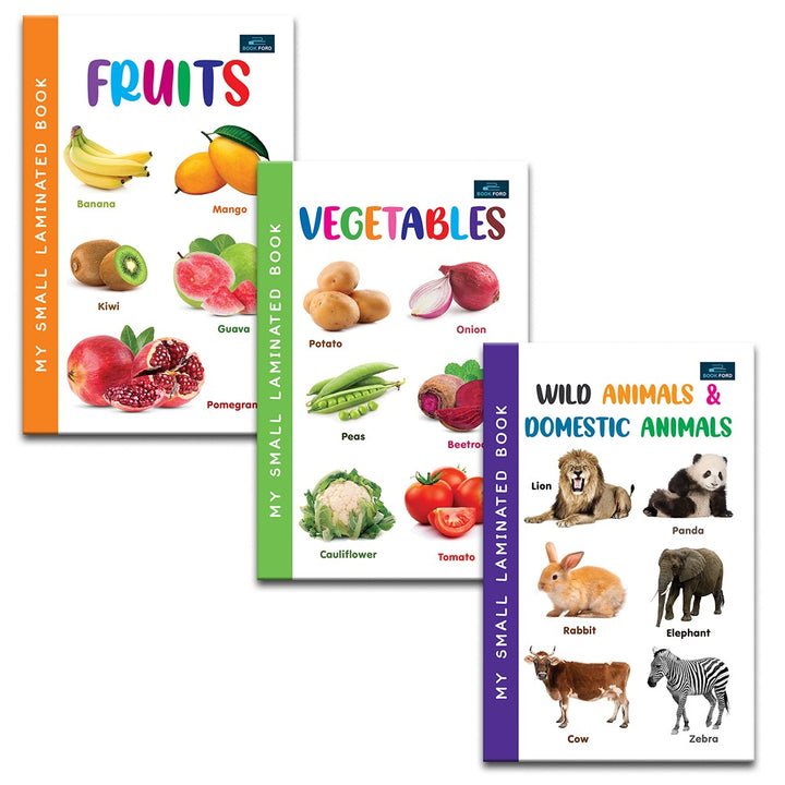 My Small Laminated Books - Set of 3 Books - Fruits , Vegetables, Wild Animals and Domestic Animals For Kids