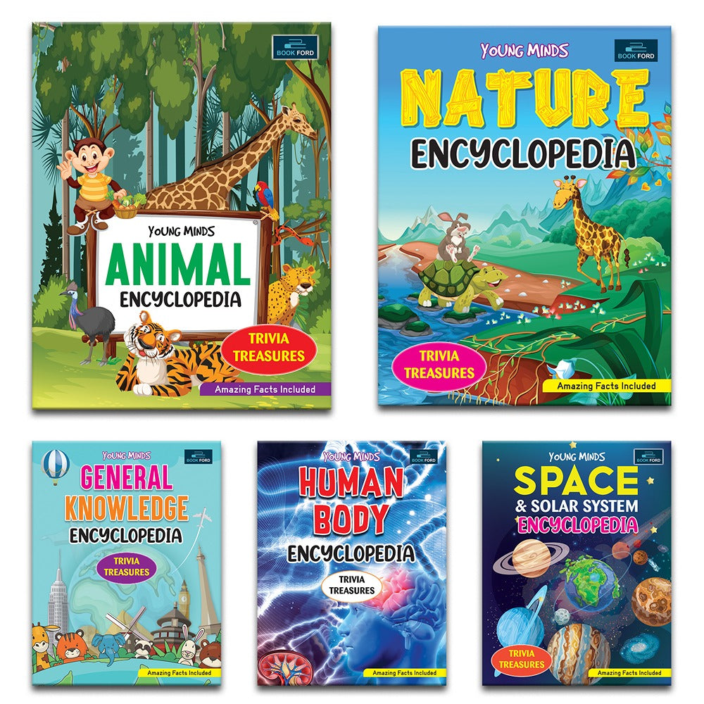 Young Minds Encyclopedia - Set of 5 Books - Animals , General Knowledge , Space , Human Body , and Nature Encyclopedia For Kids