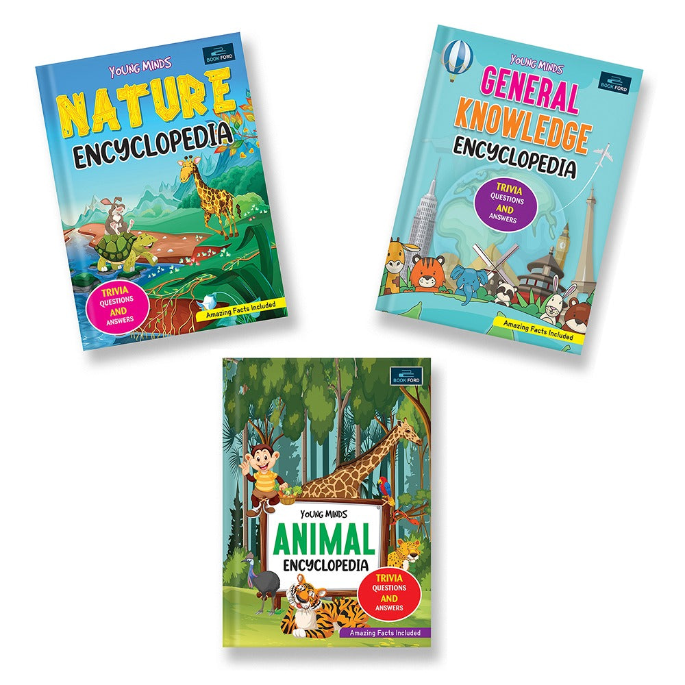 Young Minds Encyclopedia - Set of 3 Books - Animals, General Knowledge, and Nature Encyclopedia For Kids