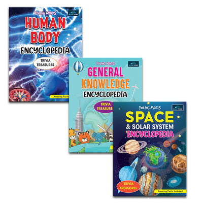 Young Minds Encyclopedia - Set of 3 - General Knowledge, Space, and Human Body Encyclopedia For Kids