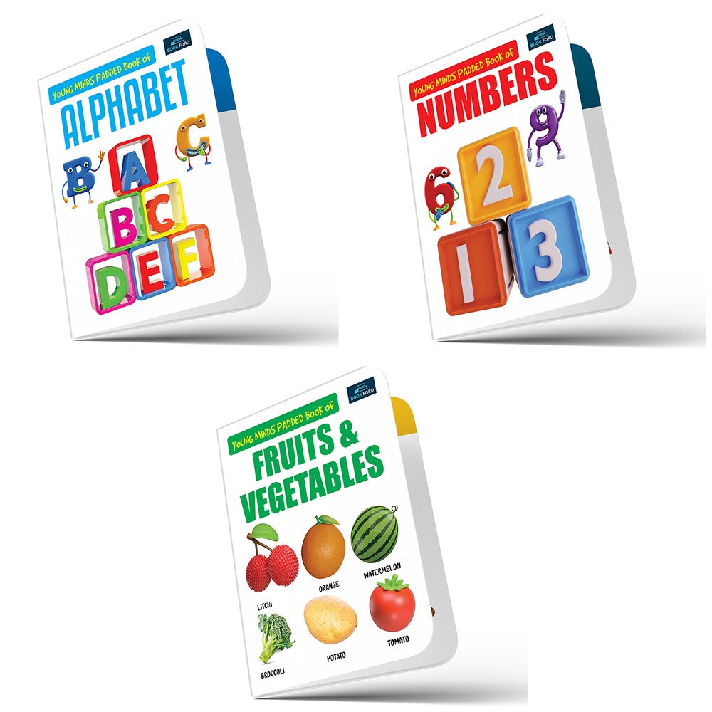 Young Minds padded book for kids - Set of 3 Books - Alphabet, Numbers, and Fruits & Vegetables