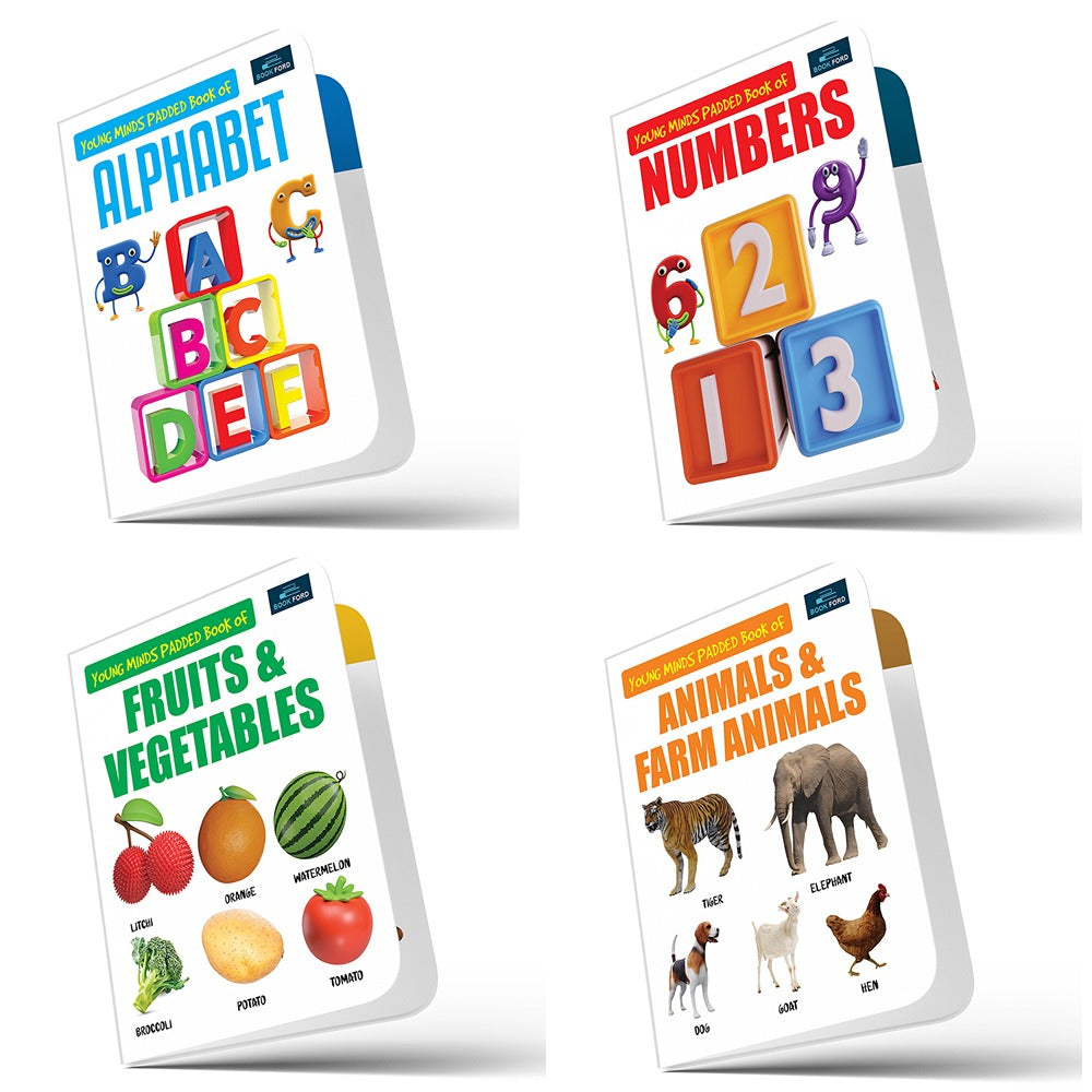 Young Minds Padded Book For Kids - Set Of 4 Books - Alphabet , Numbers , Fruits & Vegetables , And Animals & Farm Animals