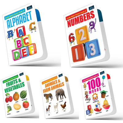 Young Minds Padded Book For Kids - Set Of 5 Books - Alphabet, Numbers, Fruits & Vegetables, Animals & Farm Animals, And 100 Wordsboard Book