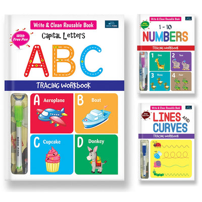 Write & Clean Reusable Book - Set Of 3 Books - Alphabet Capital Letters, Numbers, And Lines & Curves