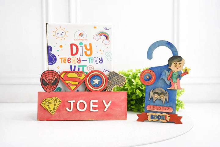 Ilearnngrow Superhero Rakhi Combo – DIY Superhero Door Knob & Name Plate Kit with Superhero Rakhi