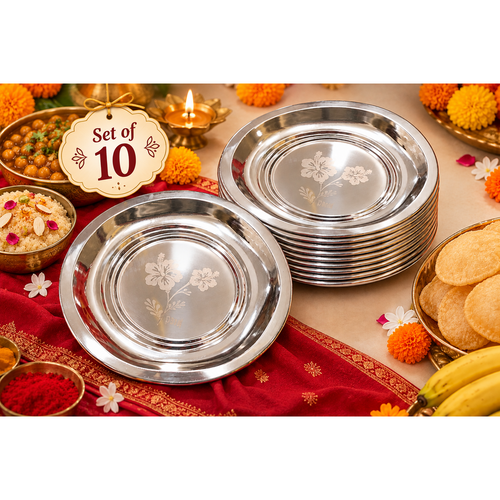 Set of 10 Steel Round Plates | Perfect for Navratri Kanya Pujan