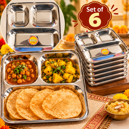 Set of 6 Steel Rectangular 3-Compartment Plates | Kanjak Prasad Serving