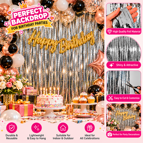 Silver Metallic Foil Fringe Curtain | Decoration for Birthday