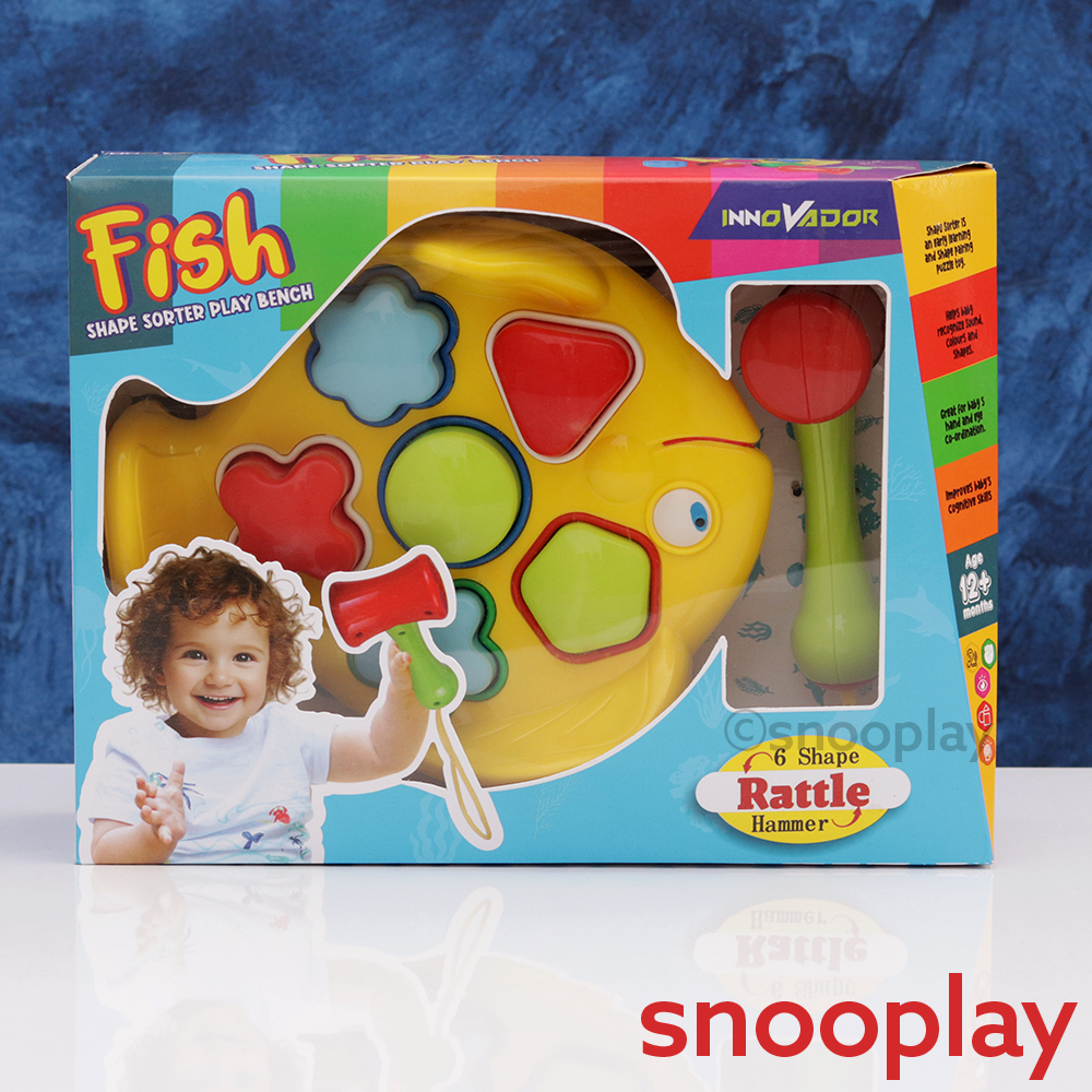 Fish Theme Shape Sorting Play Bench Game with Rattle Hammer (1-2 Years)