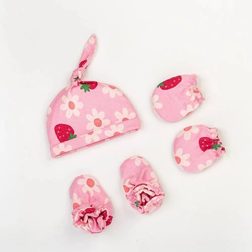 Beelittle Flower Strawberry Cotton Cap, Mittens and Booties (0-6 Months)
