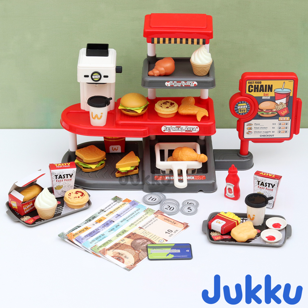 Realistic Fast Food Chain Pretend Play Set with Working Beverage Dispenser, Card Swipe Feature - 71  Pieces (3-8 Years)