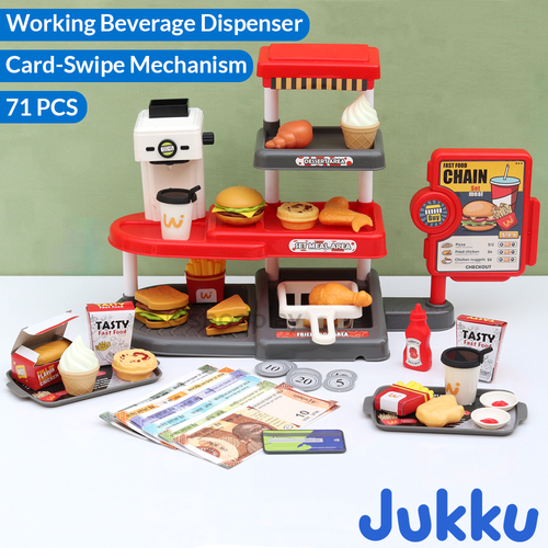 Jukku Realistic Fast Food Chain Pretend Play Set with Working Beverage Dispenser, Card Swipe Feature - 71  Pieces (3-8 Years)