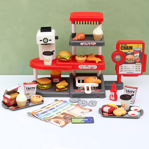 Jukku Realistic Fast Food Chain Pretend Play Set with Working Beverage Dispenser, Card Swipe Feature - 71  Pieces (3-8 Years)