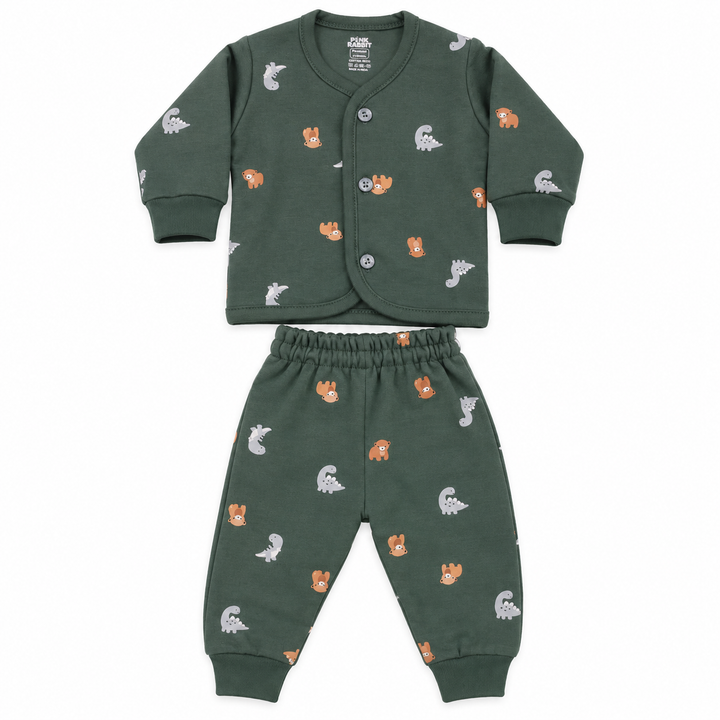 Pink Rabbit Preemie Cotton-Rich Knitted Full Sleeves Open-Front Vest & Pant Suit – 37 cm (Dark Green)