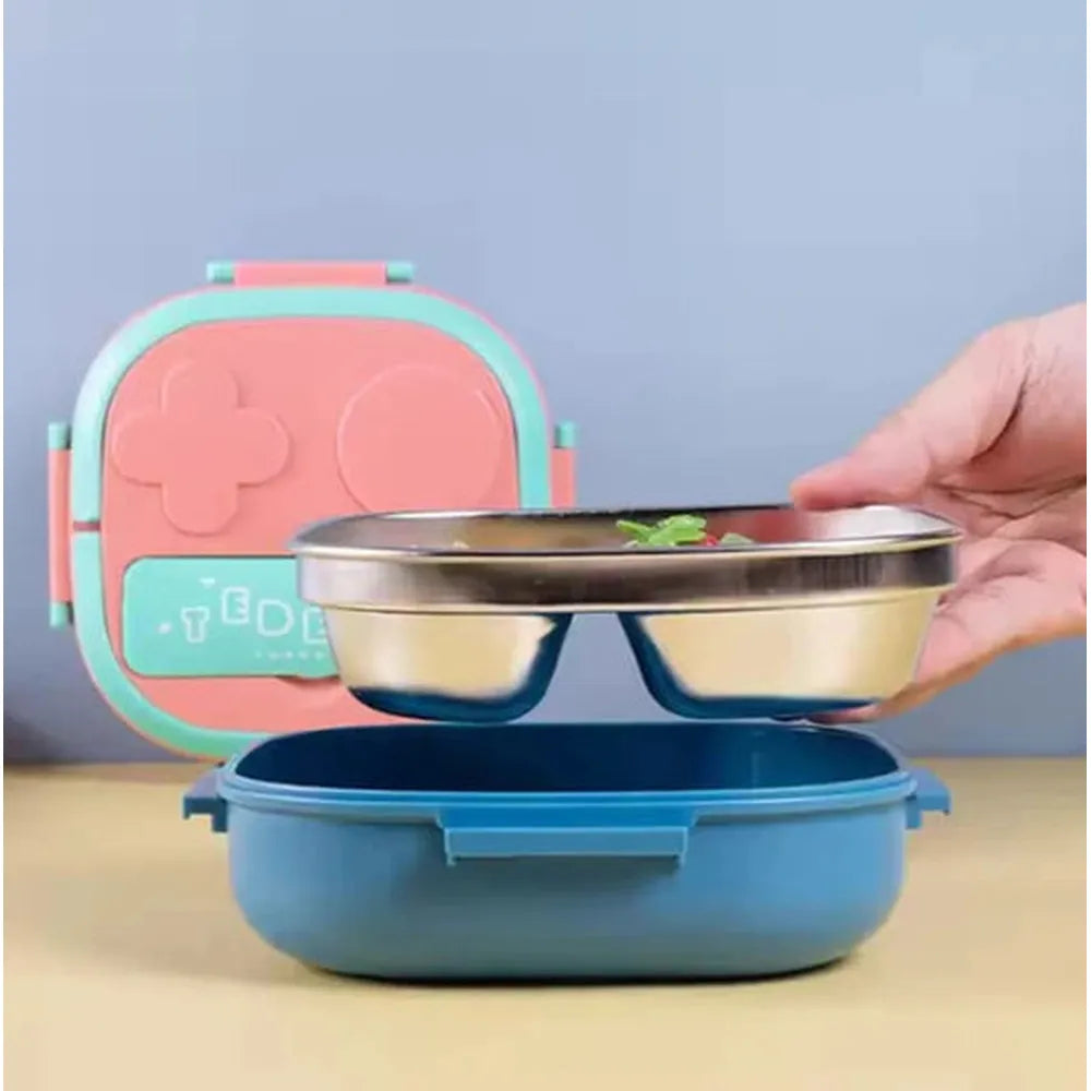 CuddleNest Bento Lunch Box Stainless Steel 3 Compartment Set with Fork Spoon - 850ml