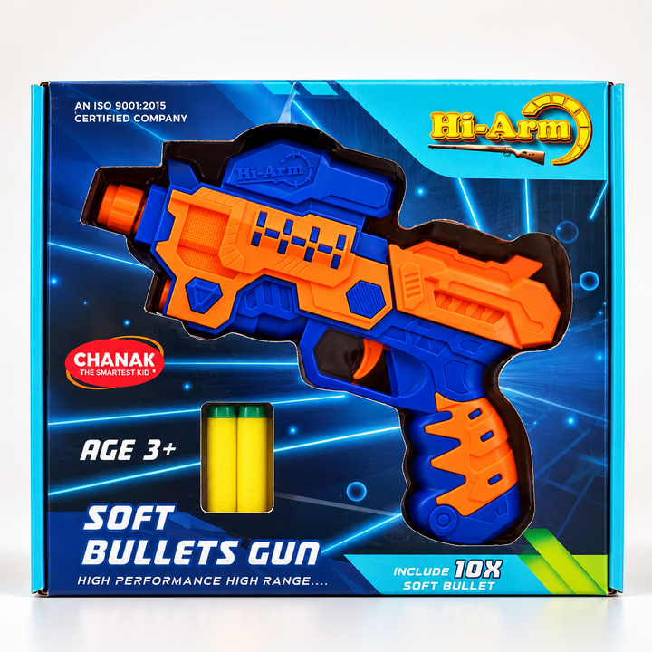 Chanak Soft Bullet Blaster Toy | 40 Feet Range with 10 Bullets - Blue Orange