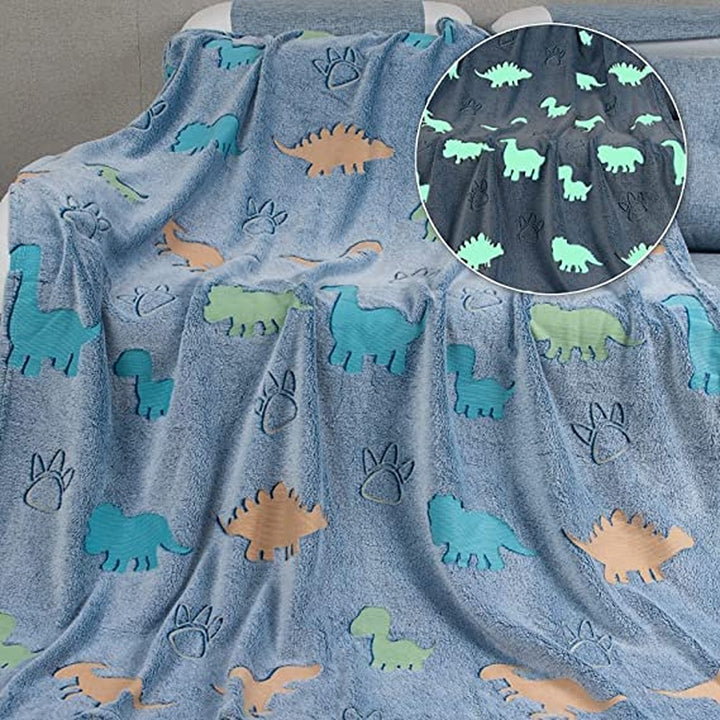 Blue Dino Glow in The Dark Blanket | Luminous Throw Fluffy Blanket