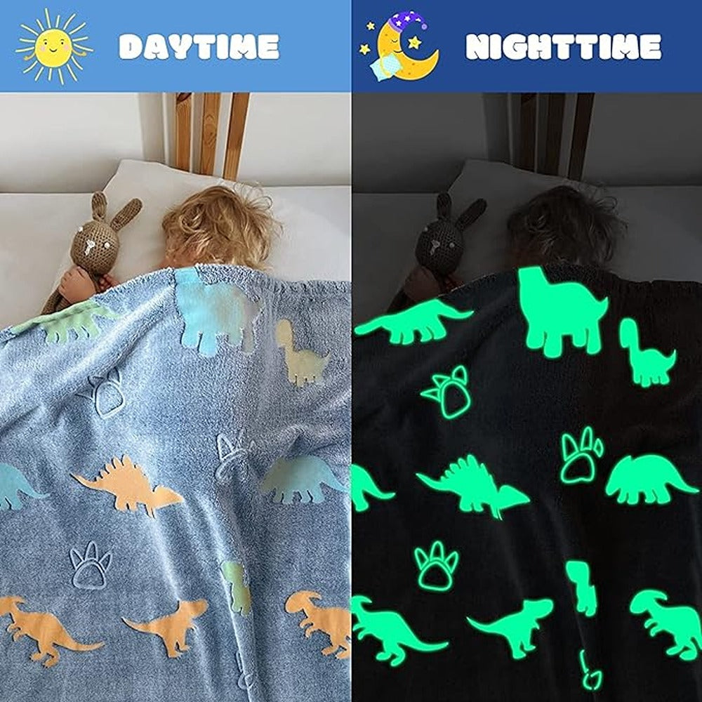 Blue Dino Glow in The Dark Blanket | Luminous Throw Fluffy Blanket