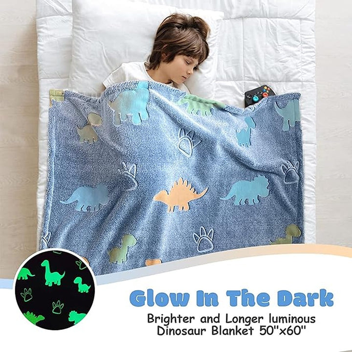 Blue Dino Glow in The Dark Blanket | Luminous Throw Fluffy Blanket